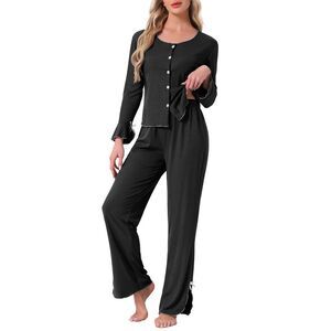 Side Bow Lettuce Trim Blouse and Wide Leg Pant Pajama Set Black
